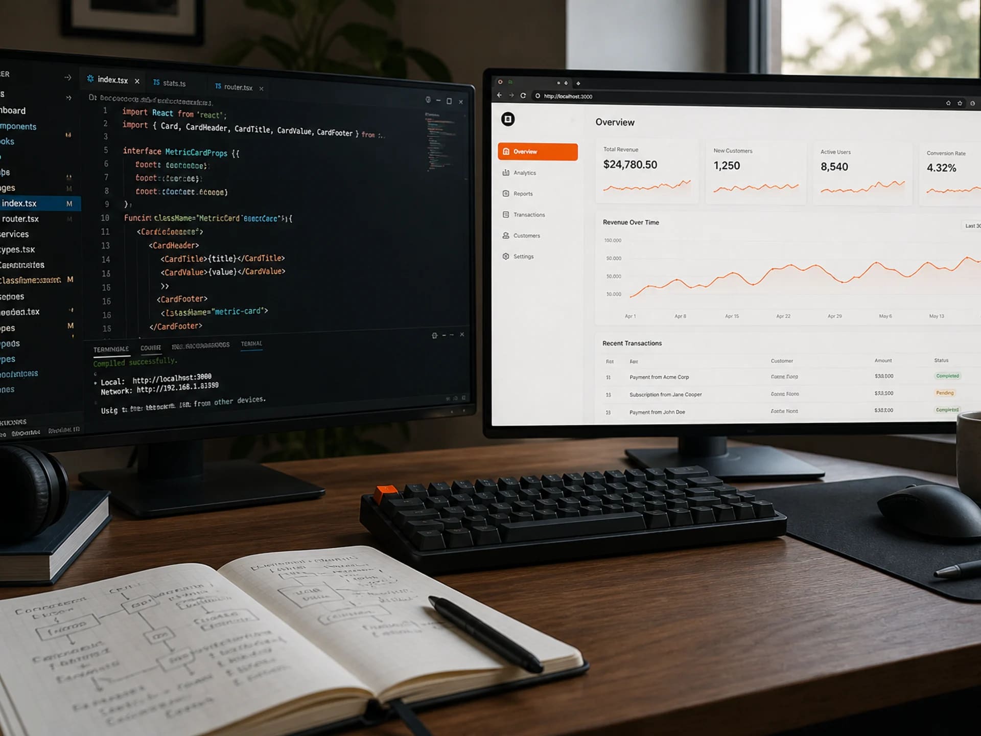 Code-Editor und Auswertungsansicht nebeneinander – technische Umsetzung einer Website